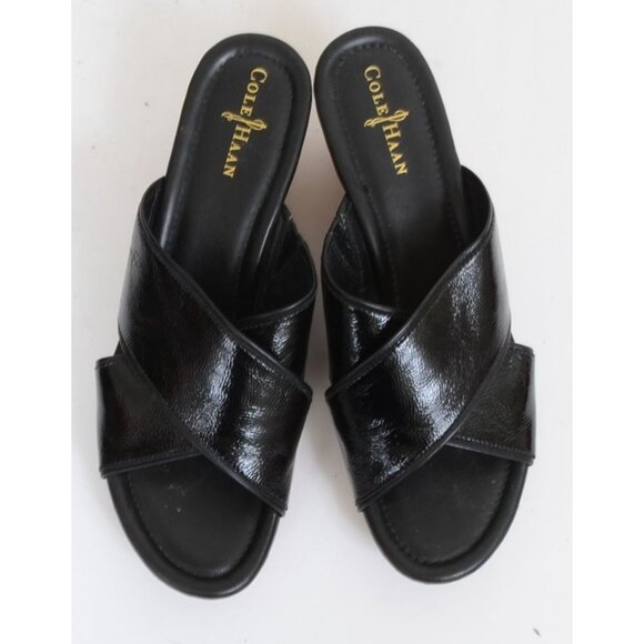 Cole Haan Women's Size 11B NikeAir Black Leather Strap Wedge Heel Slide Sandals - Picture 3 of 7